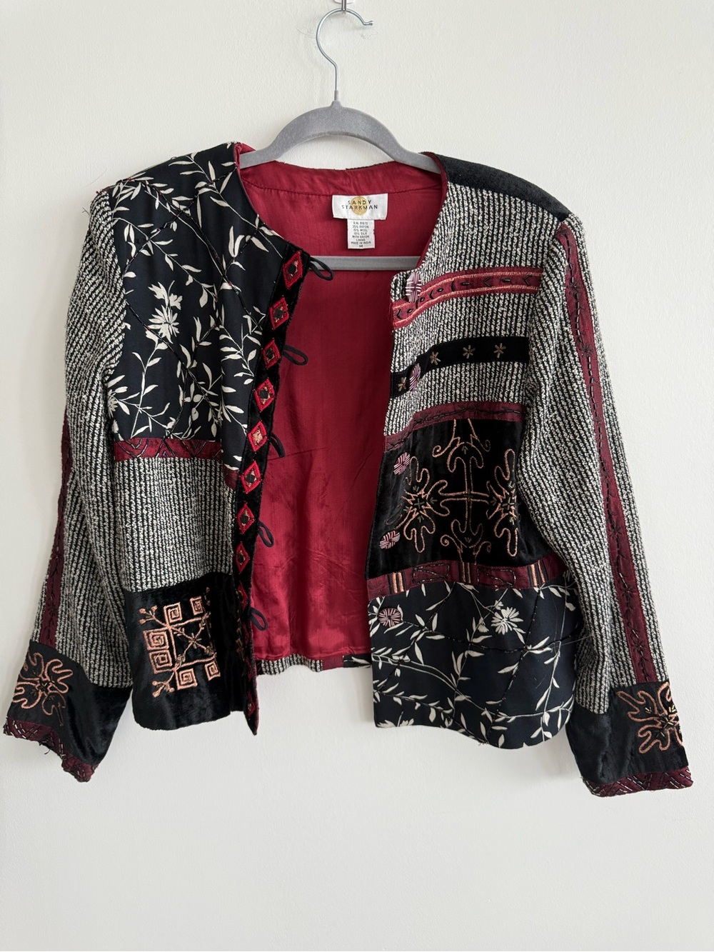 Vintage Sandy Starkman Open-Front Patchwork Blazer in Black & Burgundy
